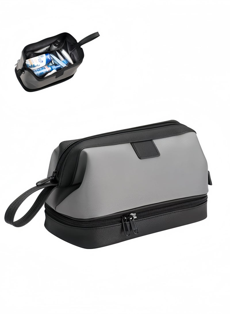 حقيبة أدوات الزينة للسفر للرجال، طقم أدوات الزينة التجارية مزدوج الطبقات، منظم أدوات الزينة من قماش أكسفورد الفاخر بسعة كبيرة (رمادي-أسود) (26 × 15 × 16 سم) - Image 1